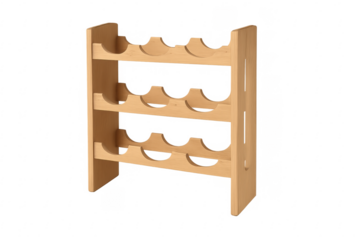 Wooden wine rack storing bottles on transparent background