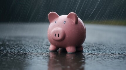 Piggy Bank Sits on Wet Surface During Rainy Day Outdoors