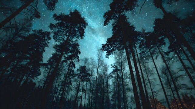 Silhouettes of trees against a starry night sky.