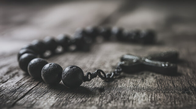 Dark rosary beads and cross on a wooden surface. - Powered by Adobe