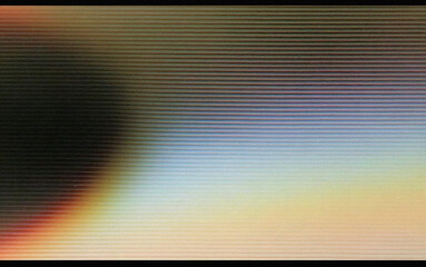 Abstract digital illustration with a glitch or TV screen effect, featuring colorful horizontal lines. The colors include black, yellow, orange, blue, and subtle red, creating distorted appearance.