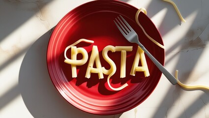 Pasta Typography Art: A Top-Down View of the Word 'Pasta' Formed from Spaghetti on a Vibrant Red Plate