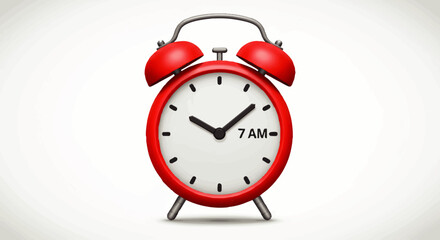 Classic red twin-bell alarm clock with a white face showing 7 AM.