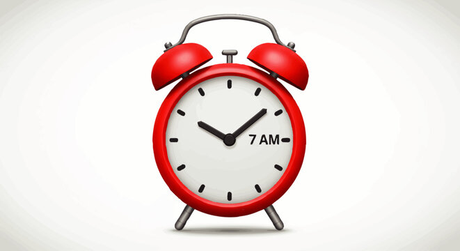 Classic red twin-bell alarm clock with a white face showing 7 AM.