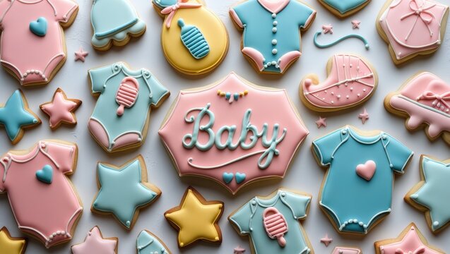 Elegant Baby Shower Cookie Collection: A Top-Down View of Delicate Pastel Treats for a Joyful Celebration