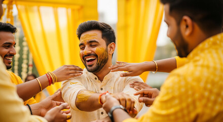 Joyful Groom Embracing Traditional Haldi Ceremony with Friends and Family