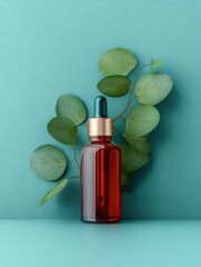 Red Dropper Bottle Surrounded by Green Eucalyptus Leaves Against Teal Background