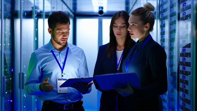 Team of IT Engineers Analyzing Data Center Performance with Tablets and Servers