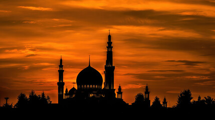 Obraz premium Silhouette of a mosque at sunset.