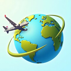 Naklejka premium A vector illustration of a 3D blue globe with an airplane icon flying around the continents, symbolizing global travel