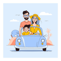 Happy Family Driving a Cartoon Car in a Sunny Landscape with Smiles