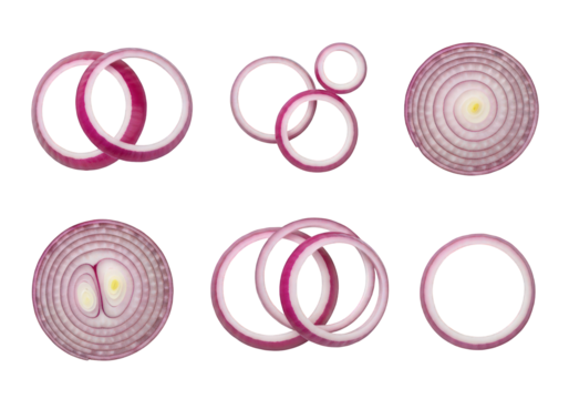 Sliced Red Onion Rings on Transparent Backdrop Fresh Vegetable Segments Isolated for Culinary and Design Projects Vibrant Purple Onion Pieces in Various Arrangements