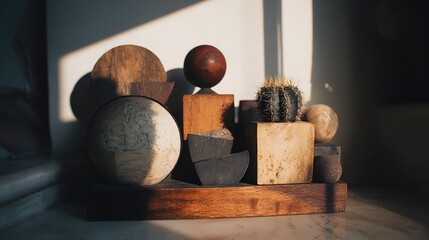 Geometric wooden objects arranged with a small cactus.