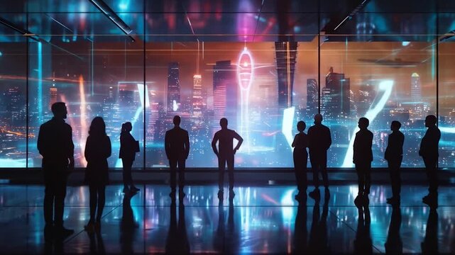 Silhouetted figures viewing holographic projections in futuristic digital environment, representing advanced technology and virtual reality innovation concepts.