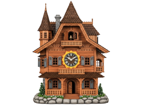Enchanting Cuckoo Clock House with Intricate Woodwork and Charming Details, a Whimsical Timepiece that Adds a Touch of Rustic Elegance to Any Home Decor Setting