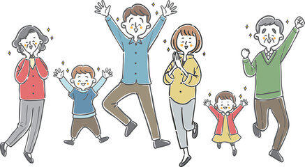 喜んでいる家族三世帯　全身　ベクター
