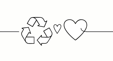 Continuous one-line drawing of a recycling symbol connected to two hearts, symbolizing love for the environment.