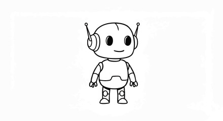 Cute Cartoon Robot with Antennae, Smiling, Black Outline, Standing Upright.