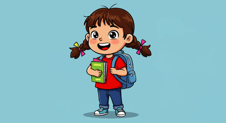 Cute cartoon schoolgirl with braided pigtails, a blue backpack, and a happy smile, holding a book.