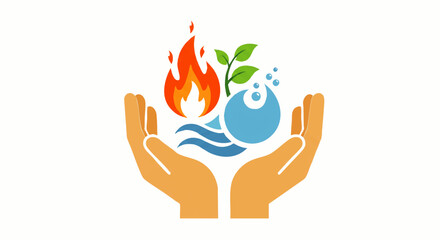 Cupped hands holding stylized fire, water, and plant symbols representing nature's elements.