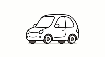 Cute hand-drawn cartoon car with a smiling face. A simple black and white line art doodle of a friendly compact automobile.