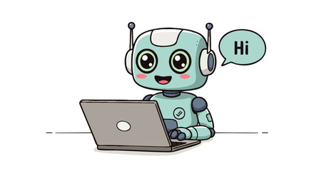 Cute Robot Working on Laptop with Speech Bubble