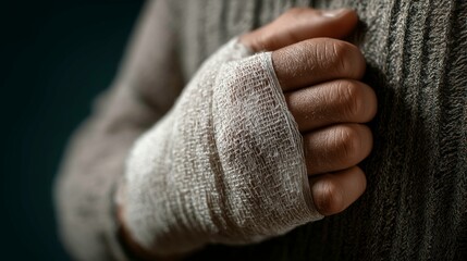 Close-up of Hand with Bandaged Finger Wearing Gray Knit Sweater in Dark Environment