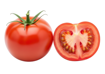 A Vibrant Duo A Whole Tomato and Its Sliced Counterpart Showcasing Freshness and Culinary Appeal Against a Neutral Backdrop Perfect for Food and Recipe Illustrations