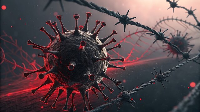 Virus molecule trapped in barbed wire, highlighted in red. Ideal for medical, pandemic, and healthrelated design projects that convey danger and urgency. - Powered by Adobe
