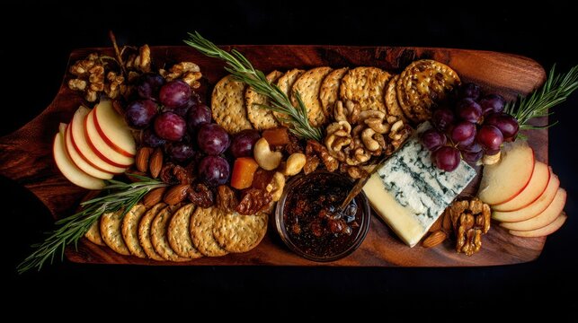 A gourmet cheese and fruit platter arrangement on a wooden board.