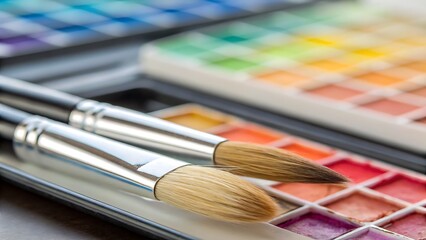 Fototapeta premium Art supplies in a creative setup with paintbrushes and palettes. Ideal for art and painting related designs or concepts.