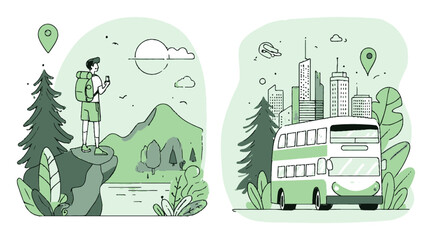 Adventure and Urban Journey Vector Cartoon Illustration in Green Tones