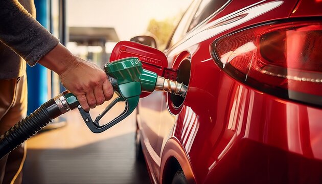 hand refueling a red car at a gas station the scene captures the detail of the fuel pump and nozzle in a modern refueling station