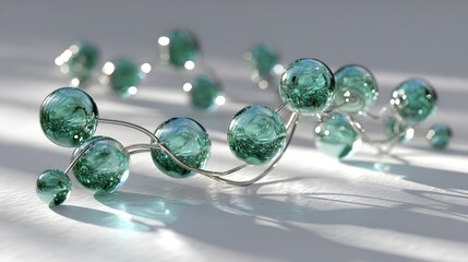 Teal glass spheres connected by delicate metal branches.