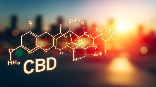 Chemical formula of cbd overlaid on a cityscape at sunset.