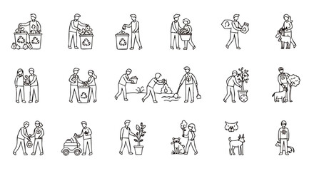 Eco-friendly volunteering doodle icon set showing recycling, community cleanup, and animal care.