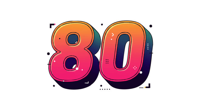 Eighty (80) Number Design: 3D Style, Gradient Pink-Orange Color