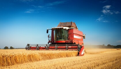 a large red combine harvester working on a golden wheat field under a clear blue sky agricultural machinery in action during harvest season