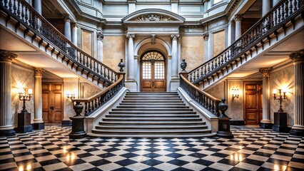 Elegant grand staircase with ornate details and checkerboard floor, perfect for luxury real estate, historical projects, or high-end design