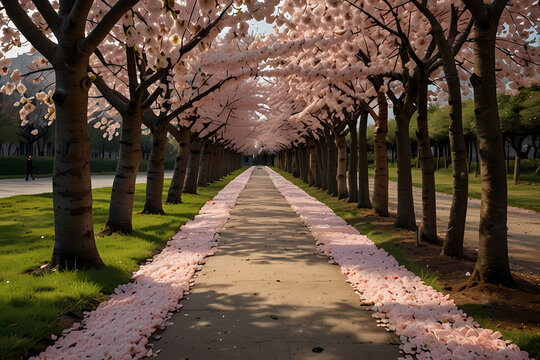A pathway surrounded by blooming cherry blossom trees