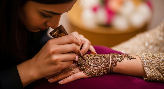 Artist Applying Intricate Henna Mehndi Design on Hand for Cultural Celebration