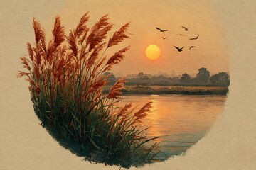 Orange sunset with tall grass view pictures