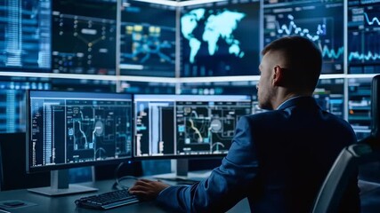 A cybersecurity analyst monitors multiple screens with global data, graphs, and maps in a high-tech control room or office. - Powered by Adobe