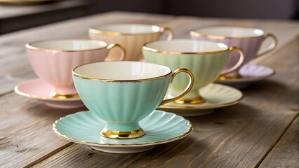 Fototapeta premium Five elegant teacups and saucers with gold trim on a table, perfect for backgrounds, invitations, home decor, and tearelated designs.