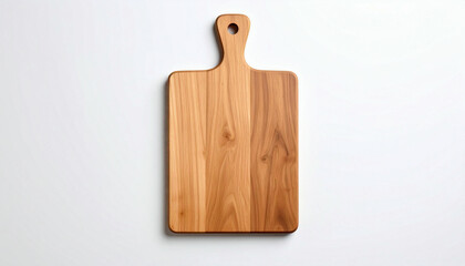 A light brown wooden cutting board with a simple handle, positioned flat against a white background.