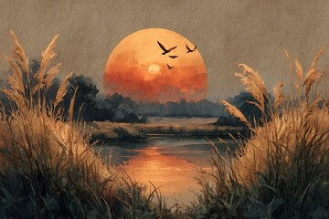 Scenic sunset over calm river view wallpaper images