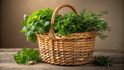 Naklejka premium Wicker basket brimming with lush herbs like parsley and rosemary suitable for cookbooks, food blogs, and culinarythemed designs. 
