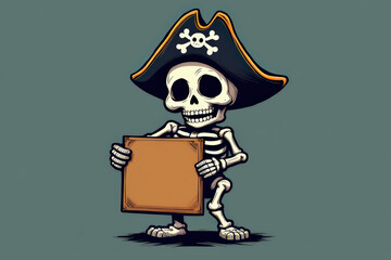Skeleton pirate holding blank sign illustration