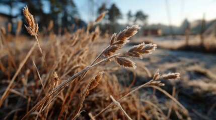 Fototapeta premium Close-up of dry wild grasses swaying in the wind du sunset in a natural landscape with blurred background and warm golden sunlight illuminating the scene