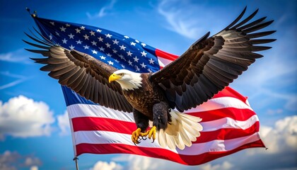 Bald eagle soaring, American flag